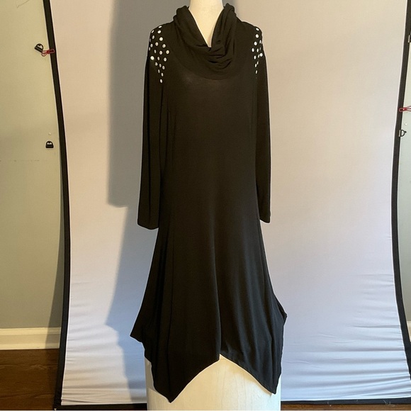 Blooming Rose Witchy 2X Black Jersey Maxi Dress Silver Dot Trim Bat Wing Hem - Picture 15 of 15